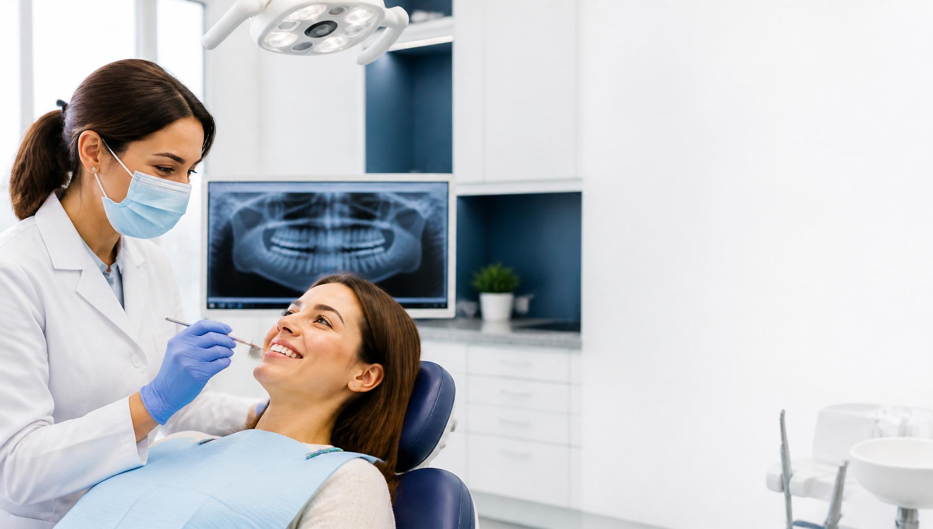 Dentist examining a smiling patient at Triveni Dental Clinic